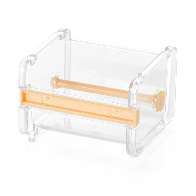 Clear plastic storage box for a creative washi tape cutter with an orange tape roll inside