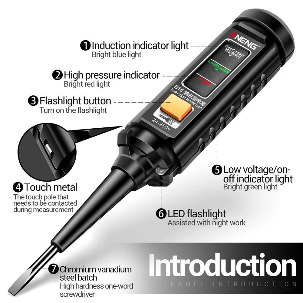 A black induction test pen with various indicators including an induction light, pressure indicator, flashlight button, touch