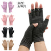 A hand wearing dark gray compression gloves, shown alongside various colors and sizes.
