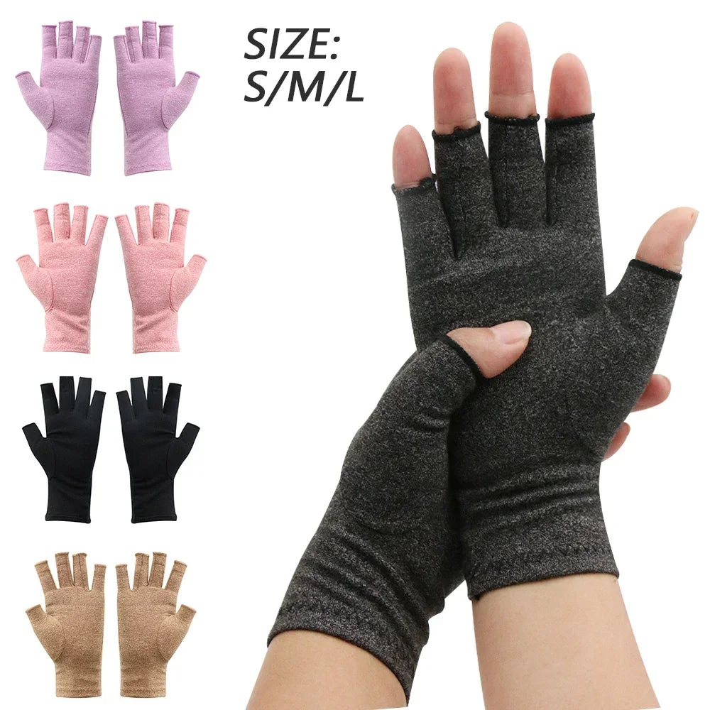 A hand wearing dark gray compression gloves, shown alongside various colors and sizes.