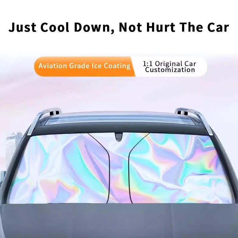A car sunshade is applied to a windshield, displaying an iridescent, colorful pattern.