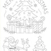 A line art illustration featuring a Christmas tree, wrapped gifts, and Santa Claus pulling a sleigh.
