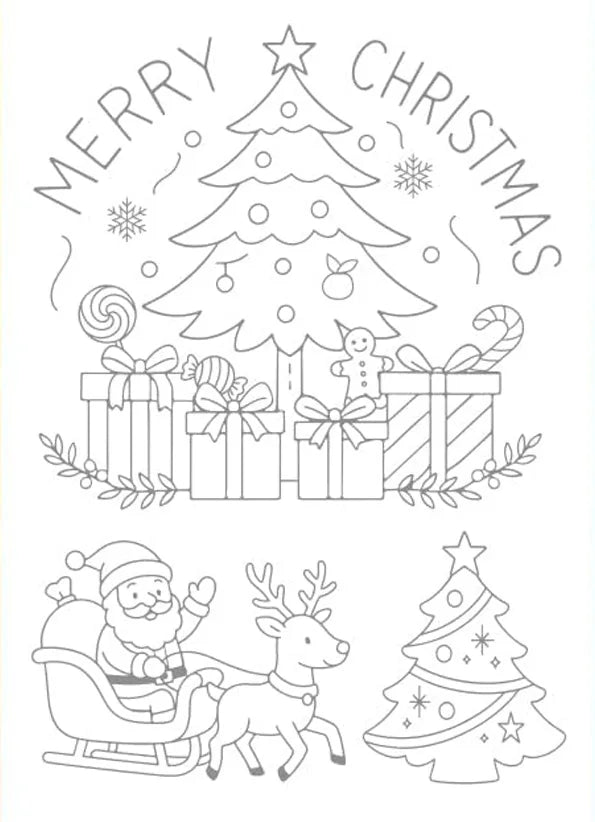 A line art illustration featuring a Christmas tree, wrapped gifts, and Santa Claus pulling a sleigh.