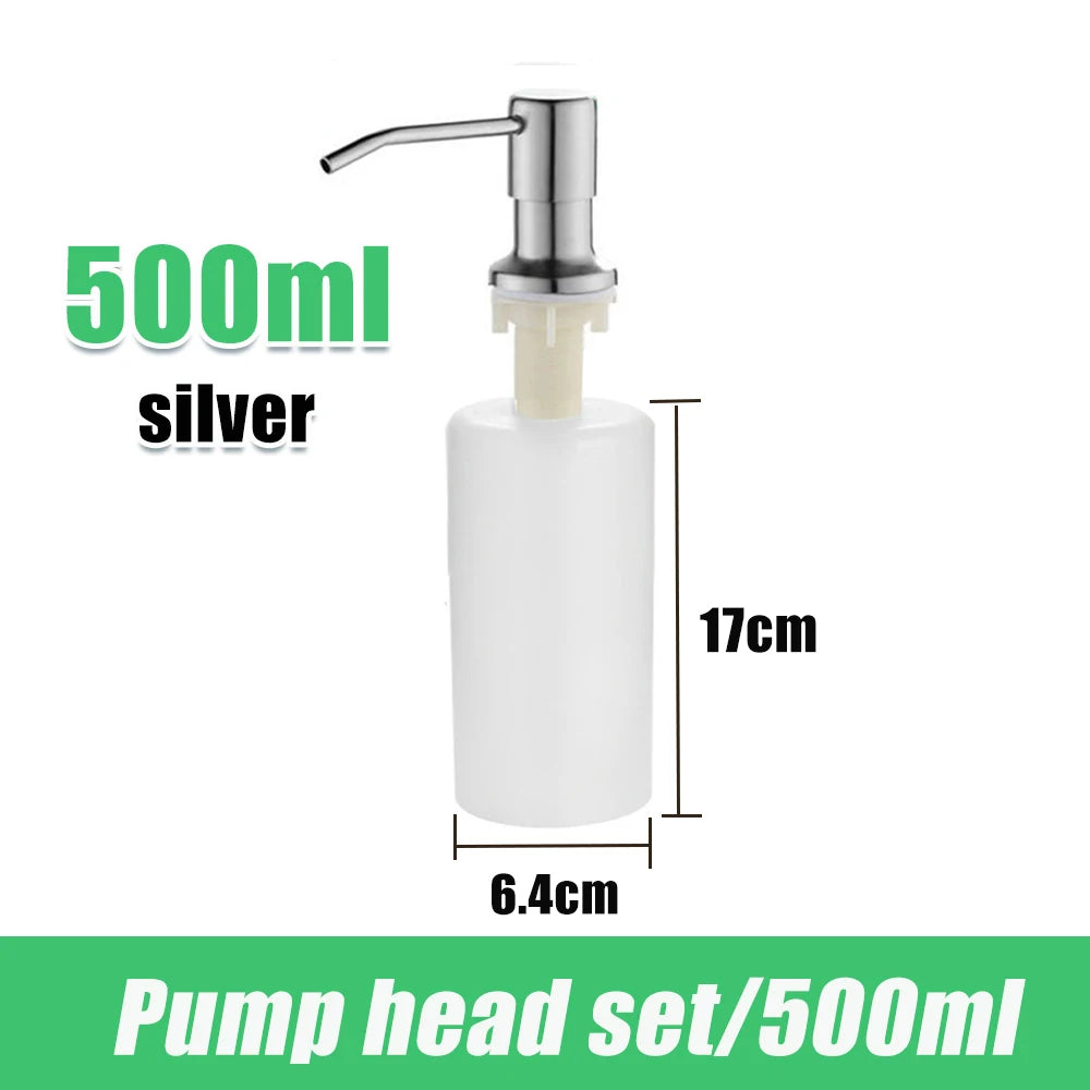 Silver 500ml pump head set for an under-sink soap dispenser with an extension tube