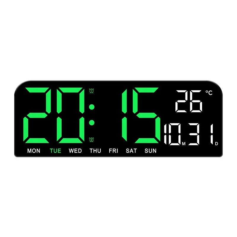 A black LED digital wall clock displaying the time 20:15 and a temperature of 26 degrees Celsius.