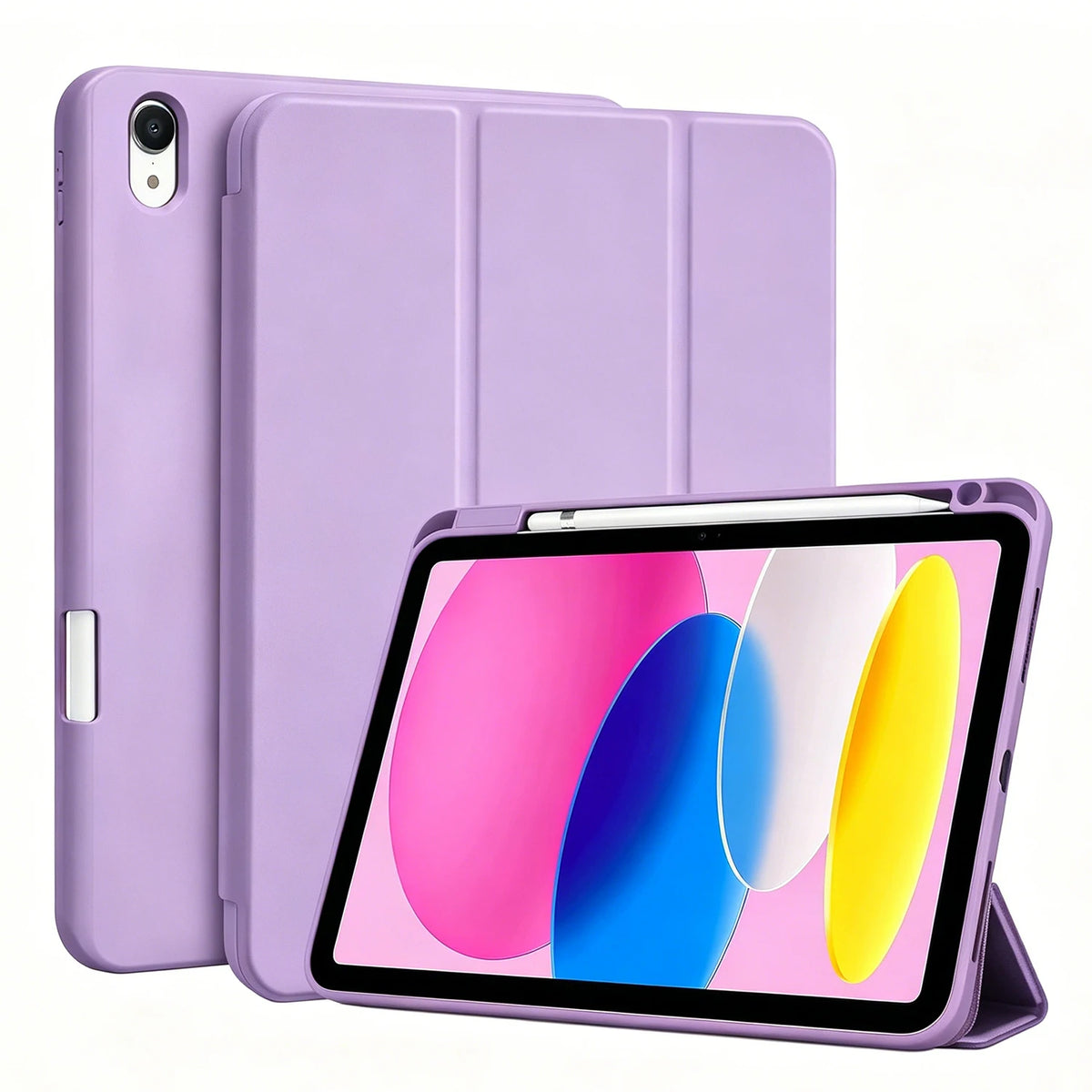 A purple magnetic flip tablet case with a built-in pencil holder and tablet inside.