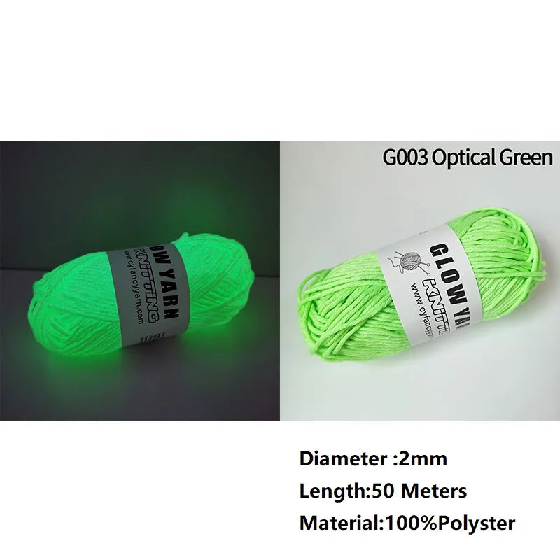A ball of bright green glow-in-the-dark polyester yarn labeled G003 Optical Green with specifications.