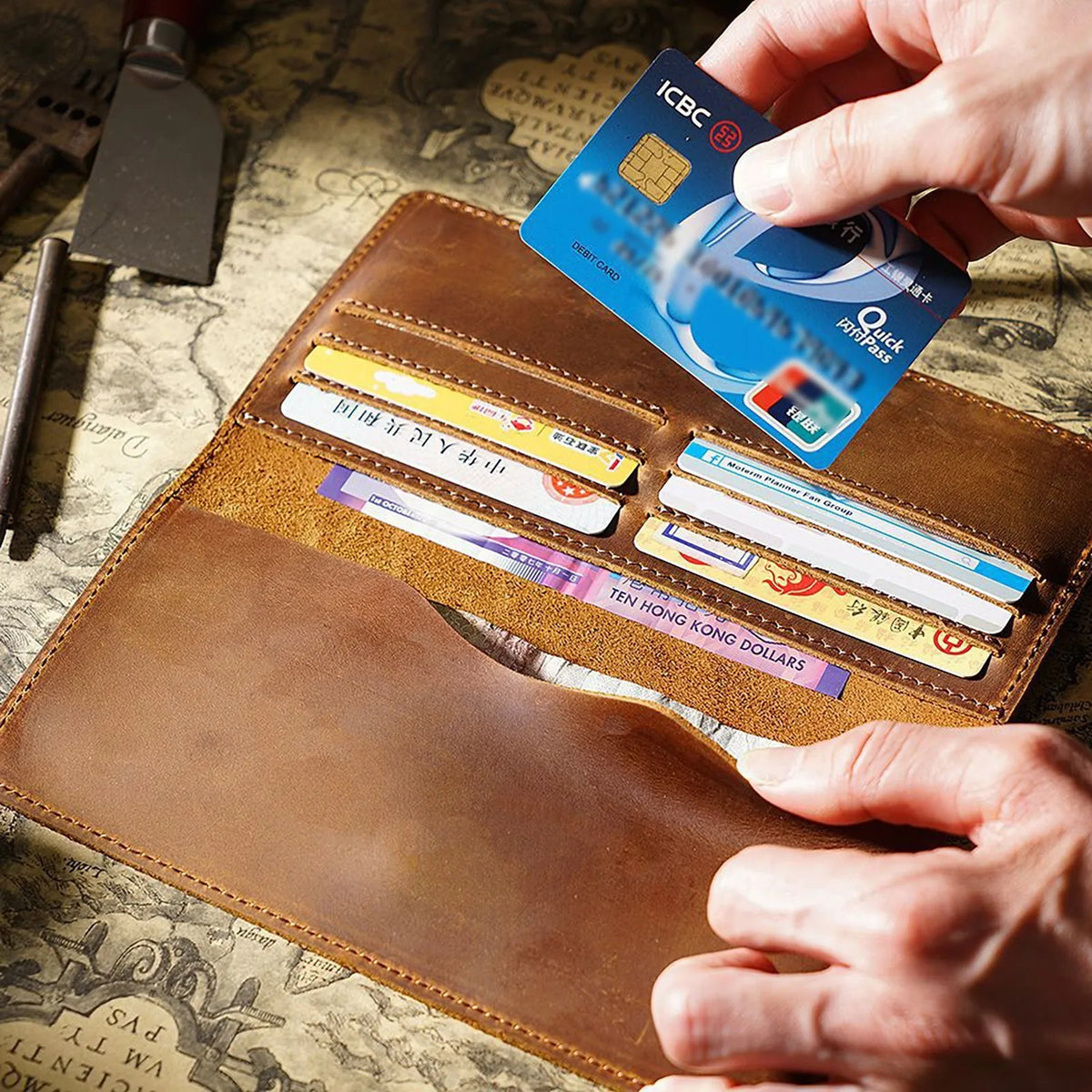 Vintage Leather Long Bifold Wallet with Snap Closure