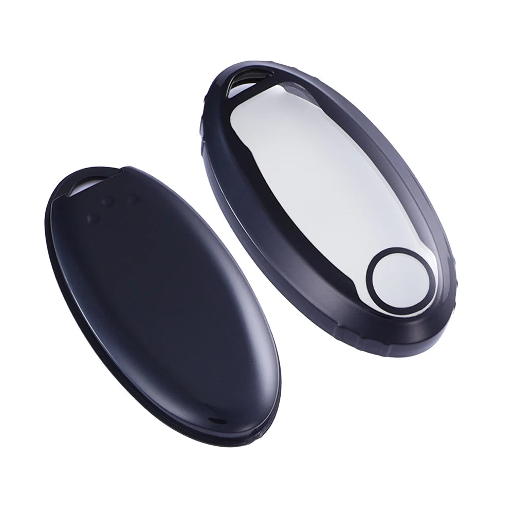 A black silicone key fob cover for a Nissan vehicle, shown in two views.