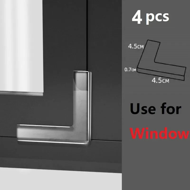 Four silicone corner edge guards used for window safety installation