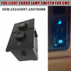 A black fog light lamp switch for GMC vehicles, shown next to a close-up of the installed switch.