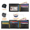 Black slim tri-fold wallet featuring an ID window and multiple card slots for credit cards and bills