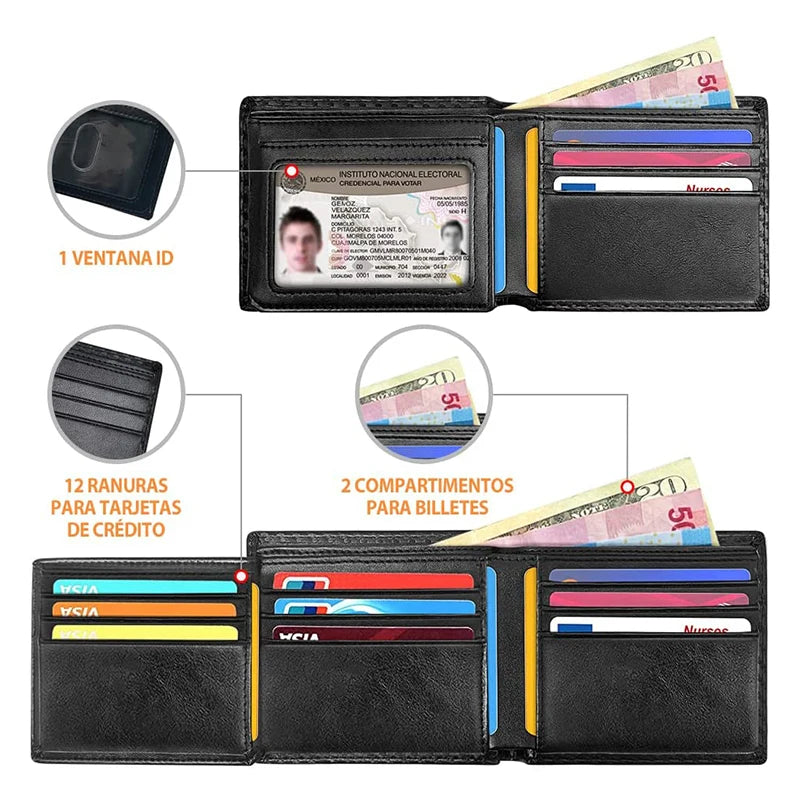 Black slim tri-fold wallet featuring an ID window and multiple card slots for credit cards and bills