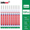 A set of ten green long nib marker tools for woodworking and construction