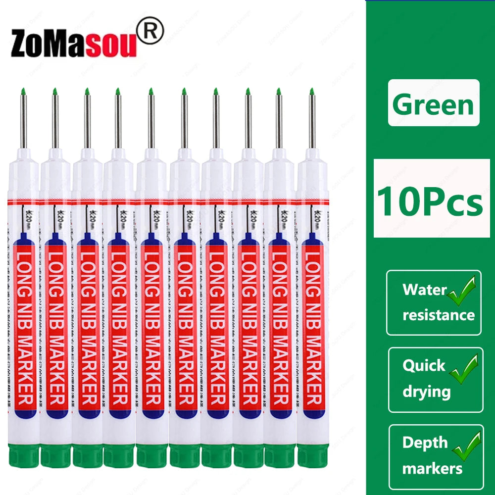 A set of ten green long nib marker tools for woodworking and construction