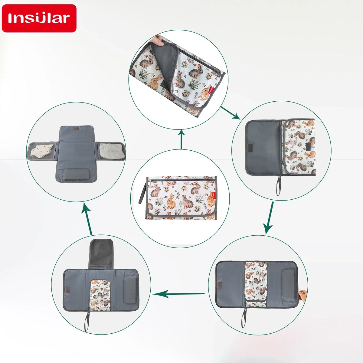 A foldable baby changing mat with a waterproof cover and storage bag shown in various folded and unfolded states.