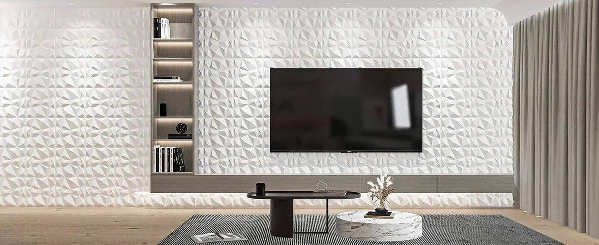 A modern living room featuring a large television mounted on a white, textured diamond wall panel and wooden furniture.
