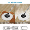 A dual-purpose microfiber mop head showing wet use for stains and dry use for absorbing dust.