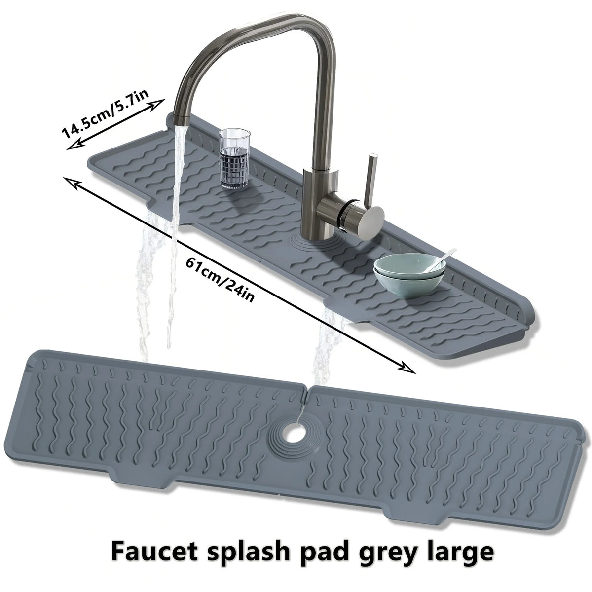 A large grey silicone faucet splash pad with a spout and drain is shown on a kitchen sink.