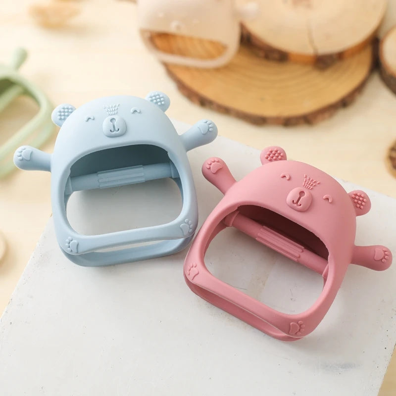 Baby Teething Gloves with Cartoon Bear Design