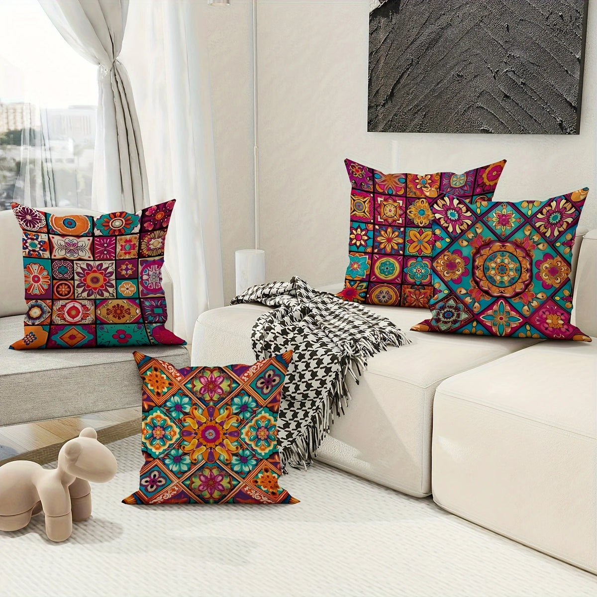 Boho Chic Mandala Pillow Covers Set of 4 – Colorful Decorative Cushion Covers for Indoor & Outdoor Use