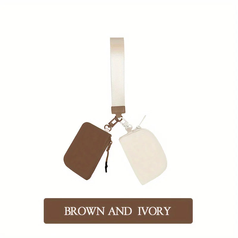 Brown and ivory detachable wristlet wallet with zippered coin pouch and card slots