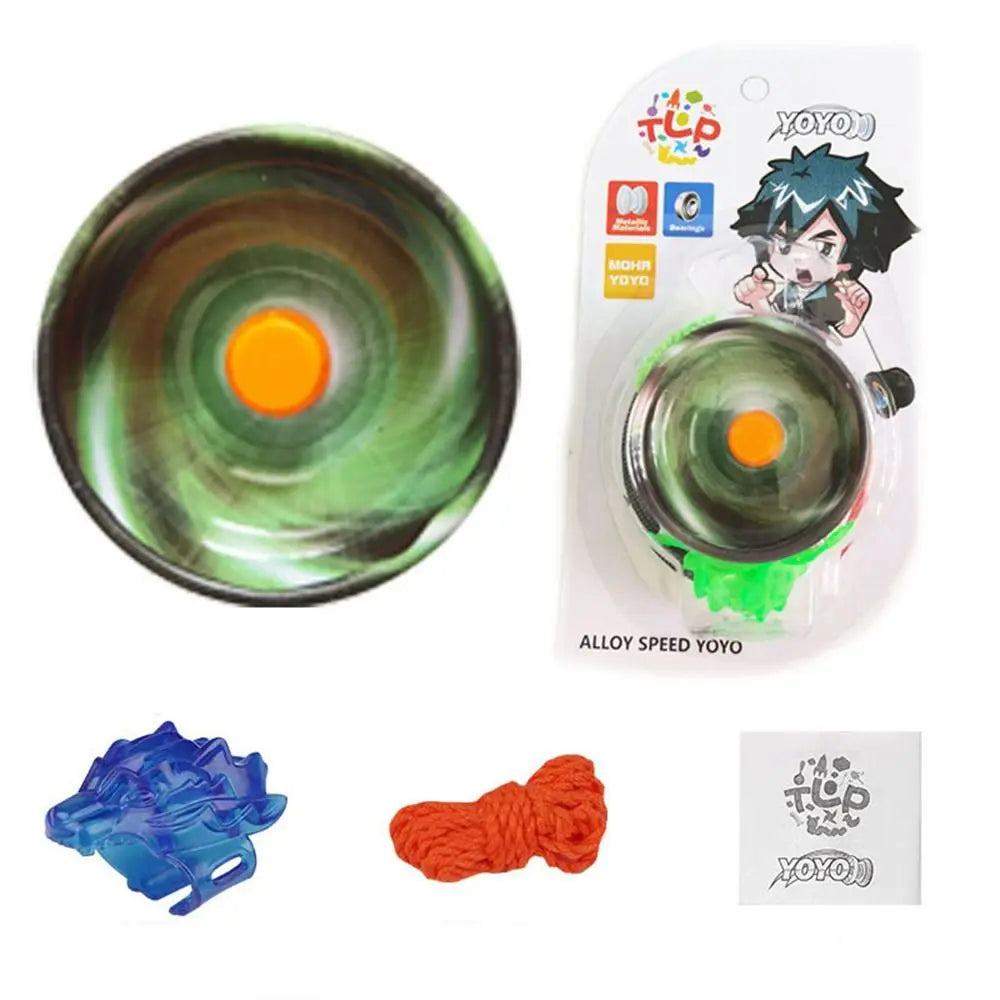A professional aluminum yo-yo with an LED light, featuring a green and silver design.