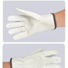 A hand wearing a pair of light beige leather work gloves with brown cuff lining.