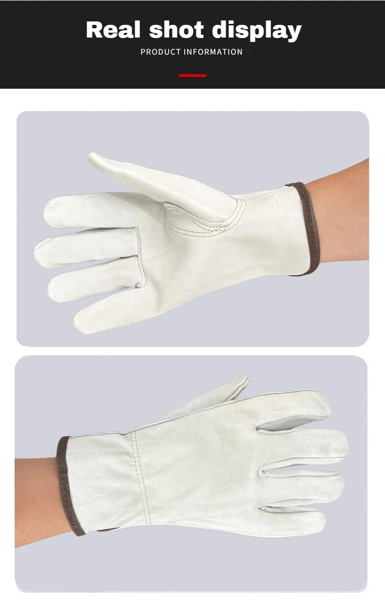 A hand wearing a pair of light beige leather work gloves with brown cuff lining.