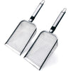 Stainless steel soil sieve set with ergonomic handles for gardening or screening.