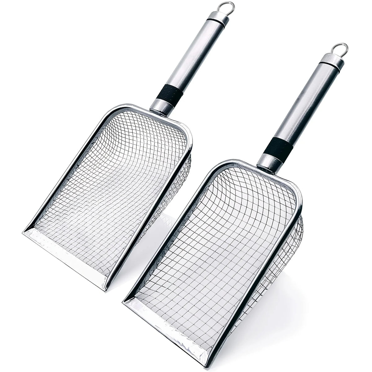 Stainless steel soil sieve set with ergonomic handles for gardening or screening.