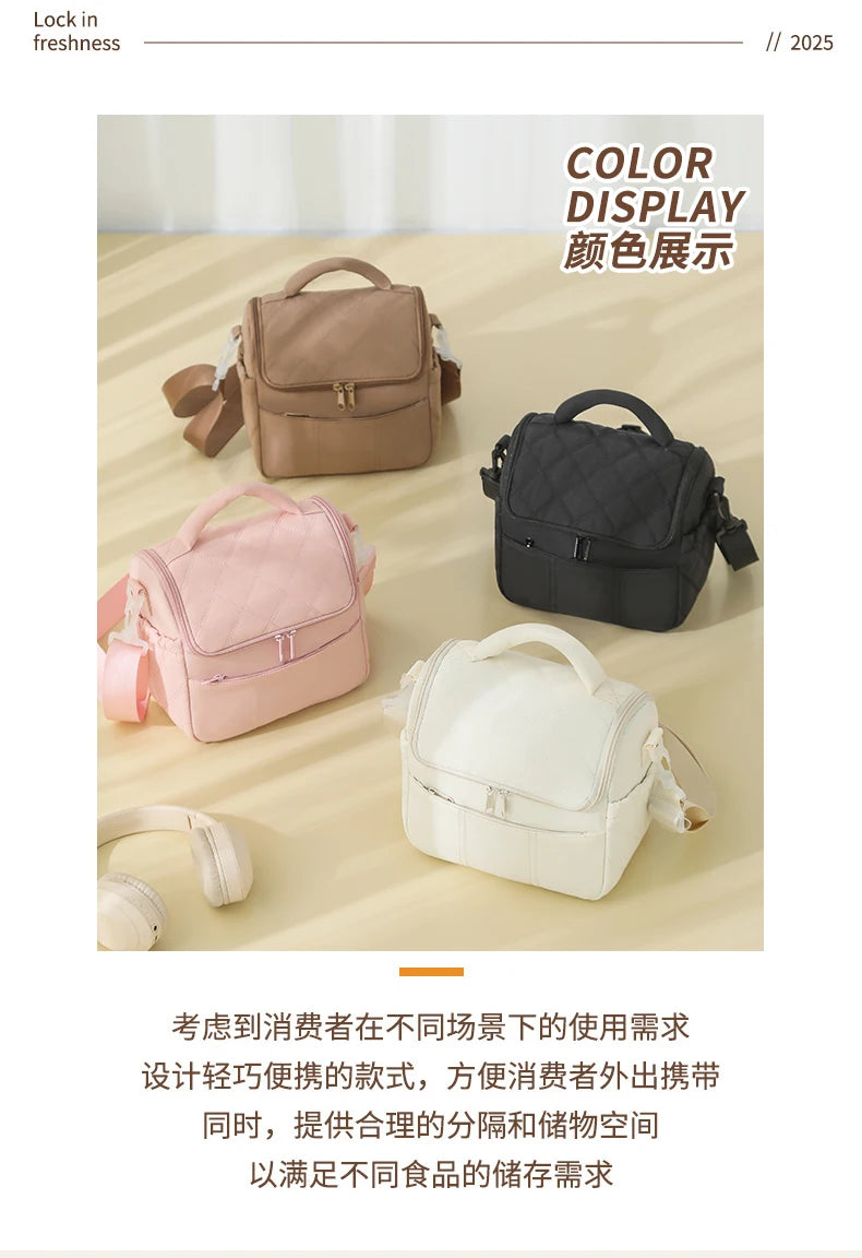 A display of various insulated lunch bags in brown, black, and pink colors.
