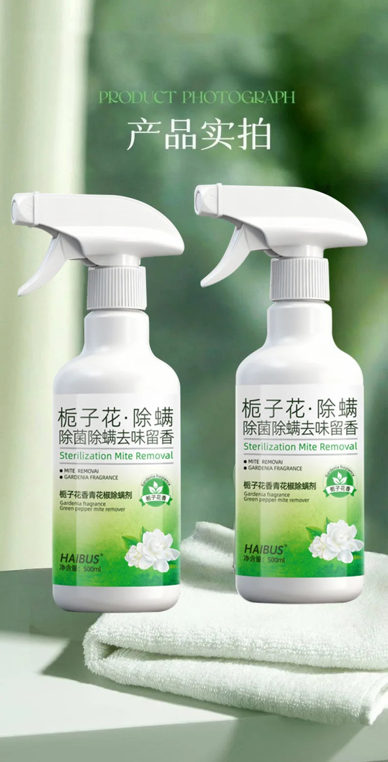 White spray bottle of Gardenia Mite-Removing Spray for baby and kids' beds with a white pump dispenser