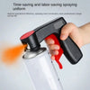 A hand is holding a black and red spray paint handle attached to an aerosol can, demonstrating a time-saving tool.