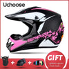 A black and pink Uchoose Spark Tiki full-face off-road helmet shown against a white background.