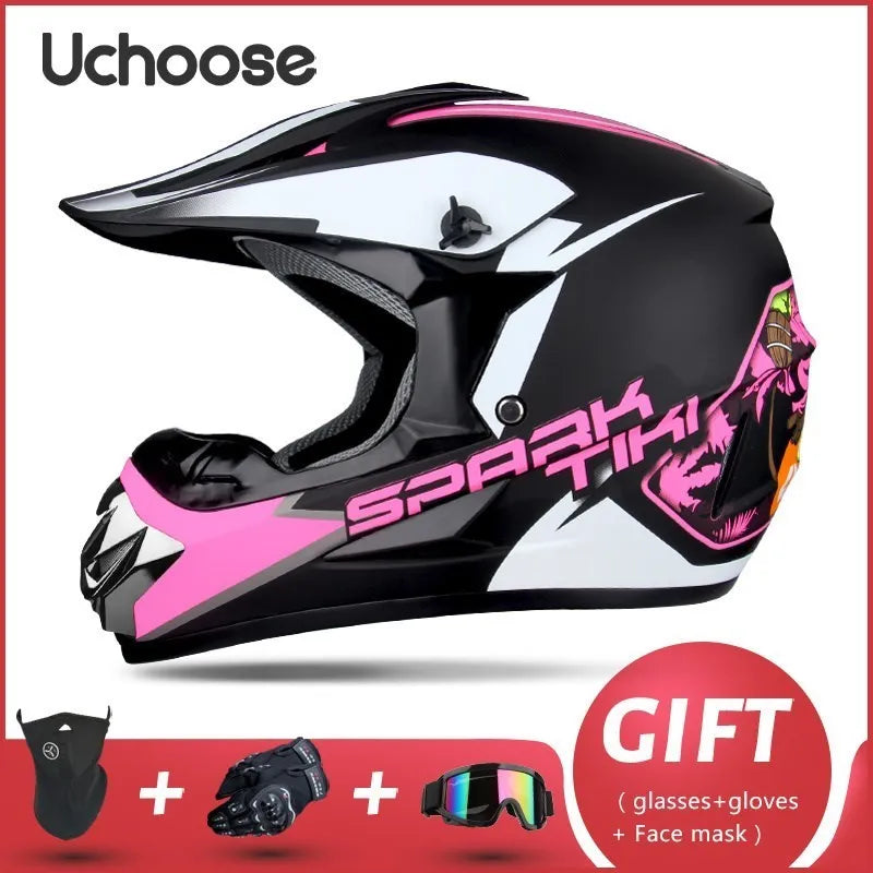 A black and pink Uchoose Spark Tiki full-face off-road helmet shown against a white background.