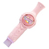 A pink portable bubble blower toy for kids with colorful lights and a silicone wand.