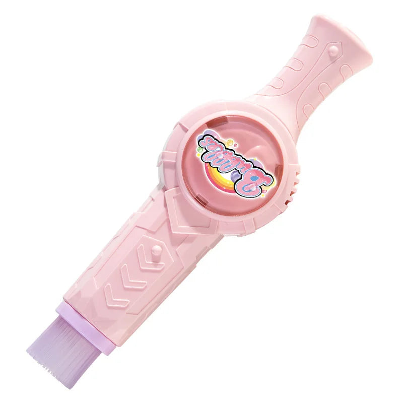 A pink portable bubble blower toy for kids with colorful lights and a silicone wand.