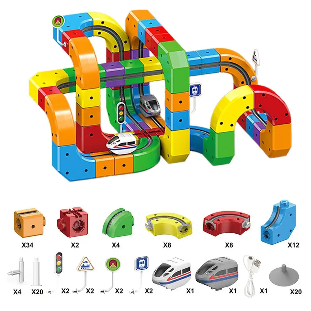 A set of colorful STEM electric train building blocks with various track pieces and components.