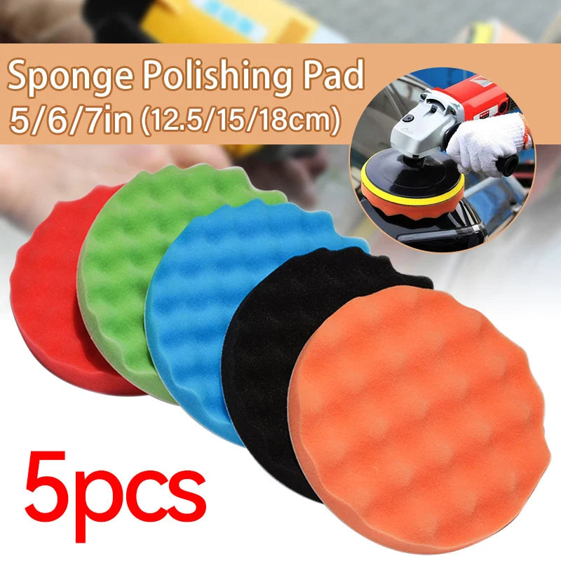 A set of five colored foam polishing pads for car detailing, including red, green, blue, black, and orange.