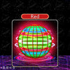 A red glowing sphere with green and blue light rings, set against a dark background.