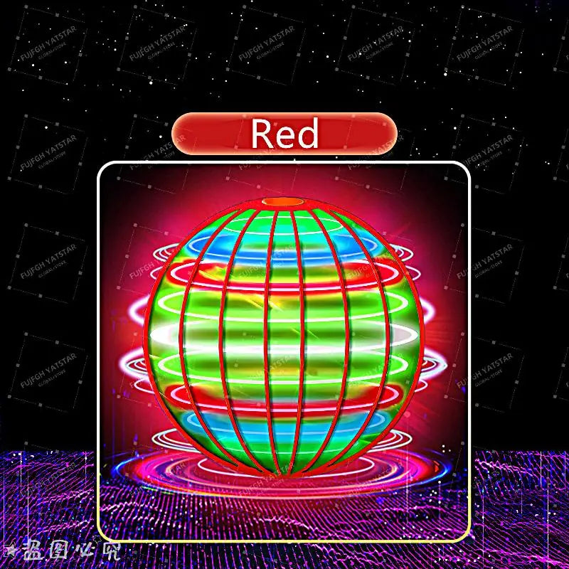 A red glowing sphere with green and blue light rings, set against a dark background.
