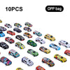 A set of 10 die-cast pull-back cars in various colors and designs displayed on a white background.