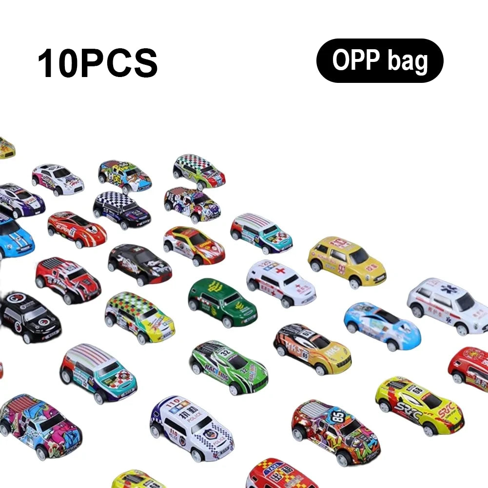 A set of 10 die-cast pull-back cars in various colors and designs displayed on a white background.