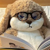 A fluffy, light brown long-eared rabbit plush toy wearing dark-rimmed glasses is shown holding an open book.