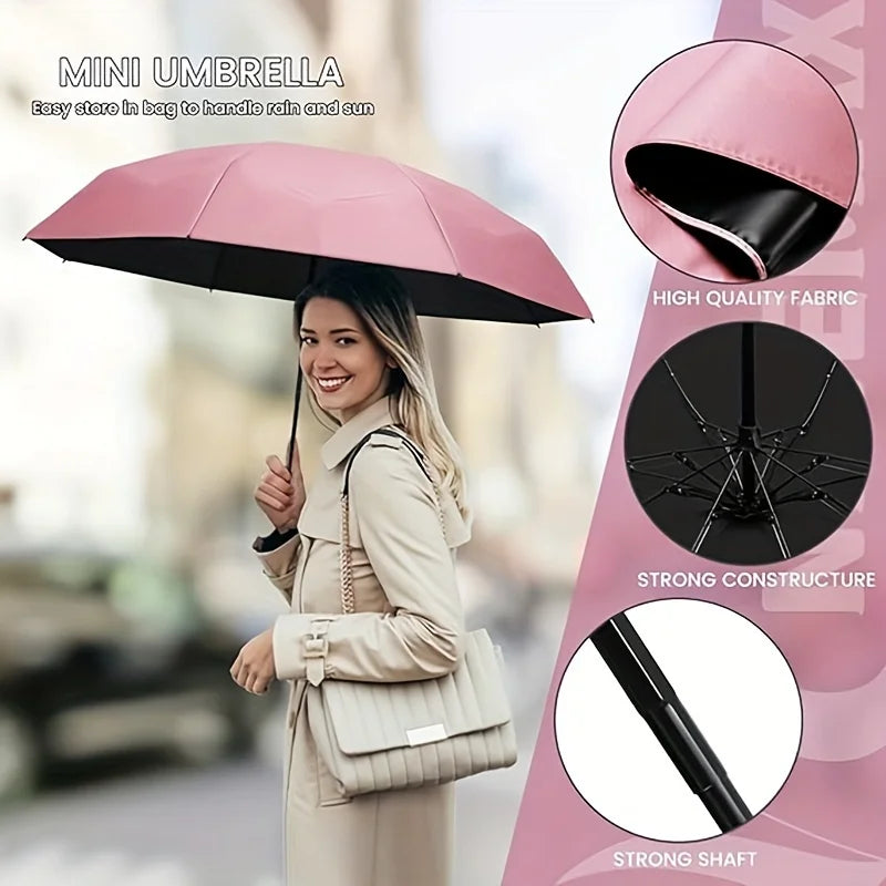 A woman holding a pink mini umbrella in a beige outfit, highlighting its high quality fabric and strong structure.