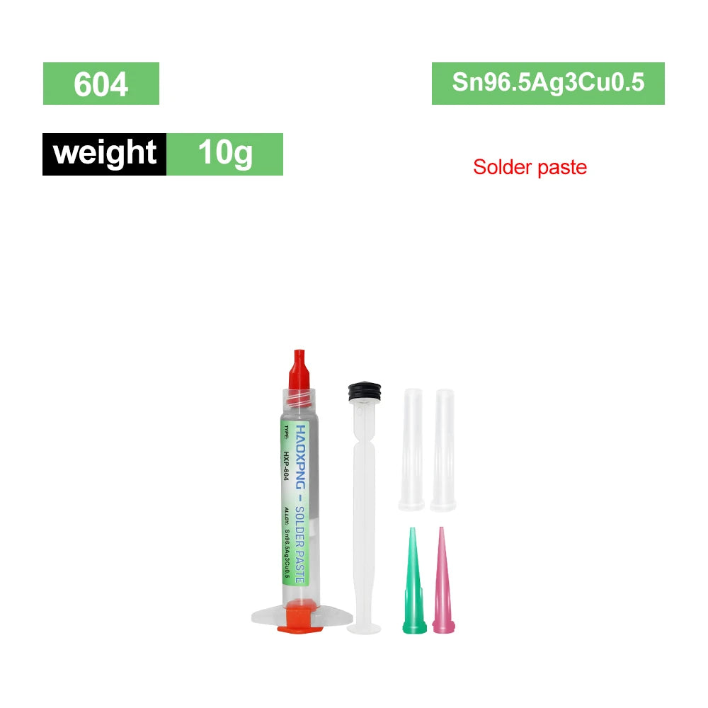 A glass syringe filled with solder paste is shown next to a small plastic applicator.
