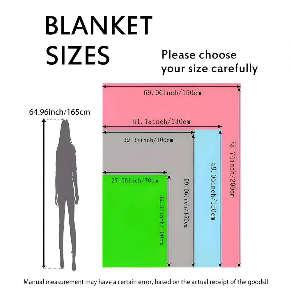 Diagram showing various blanket sizes and dimensions for a dinosaur cartoon throw blanket.