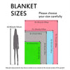 Diagram showing various blanket sizes and dimensions for a dinosaur cartoon throw blanket.