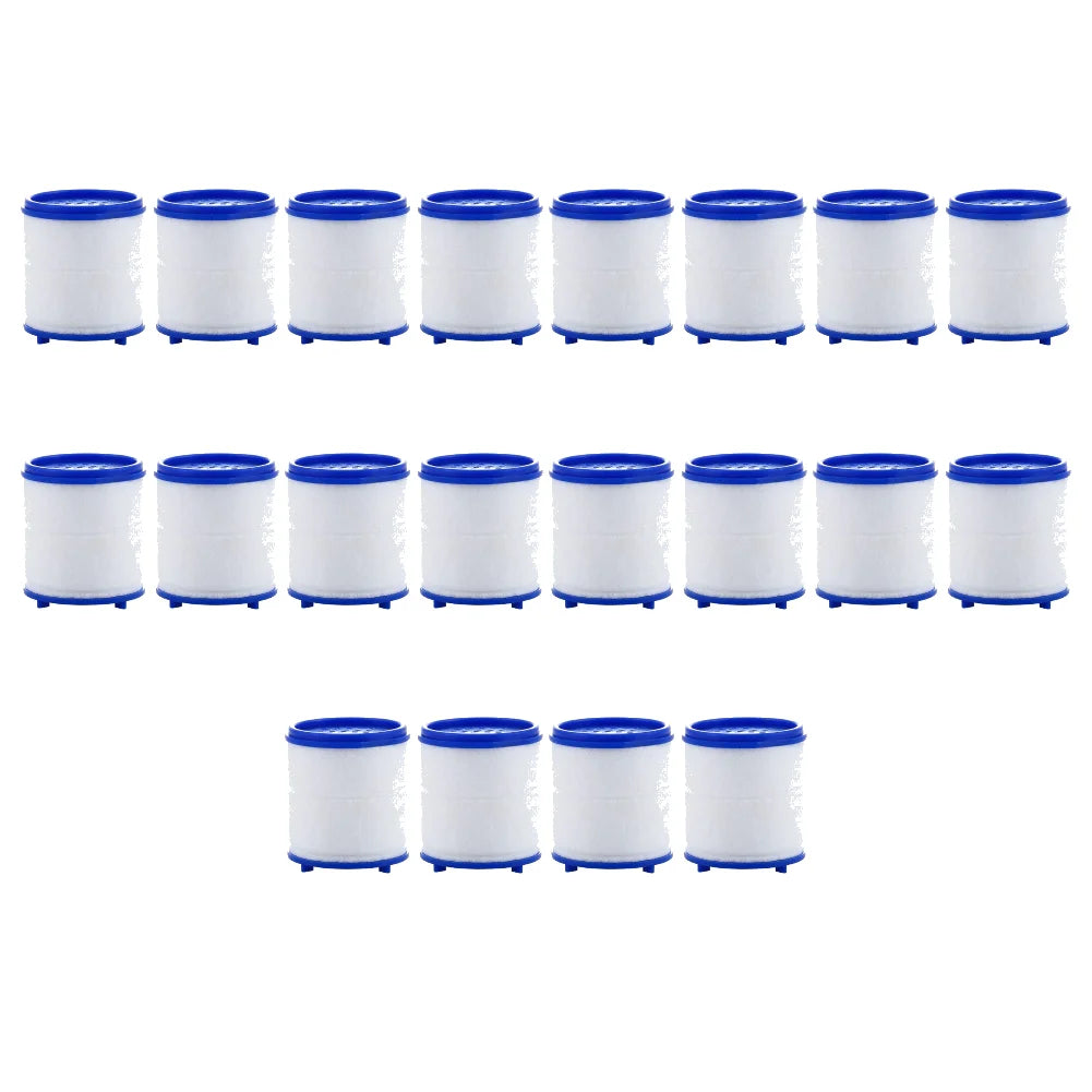 A set of twelve blue and white rotating kitchen faucet water filters with splash guards.